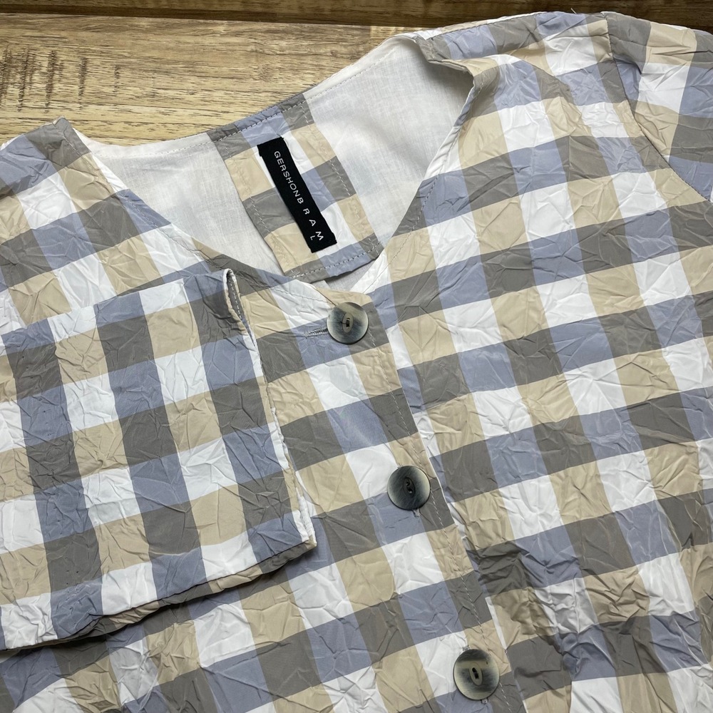 Gershon Bram Womens Gingham Crinkle Bubble Hem Top Tan Grey V-Neck Large EUC
